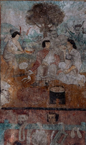 Santa María, N wall mural, Indian pulque drinkers - Santa María, North nave wall murals