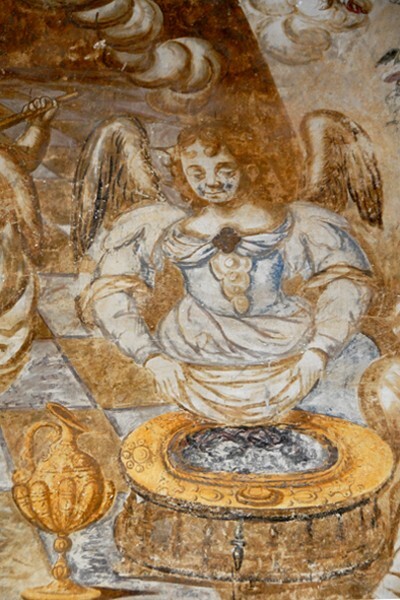 E wall mural, Nativity of the Virgin, detail, angel heating clothes - Camarín de la Virgen