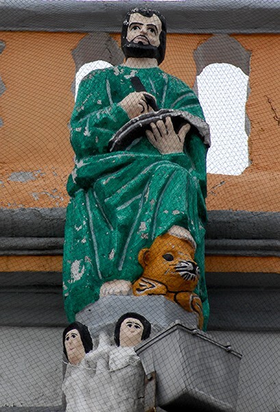Façade, parapet sculpture (right), St. Mark - Nuestra Señora de los Remedios