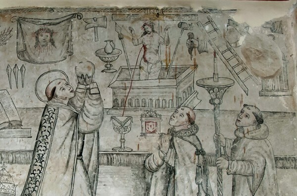 San Gabriel, upper cloister walk, Mass of St. Gregory, detail - San Gabriel, cloister with murals