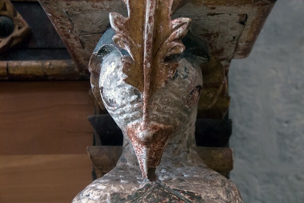 Santo Domingo, nave San José retablo pier base, heron detail - Yanhuitlán, Oaxaca