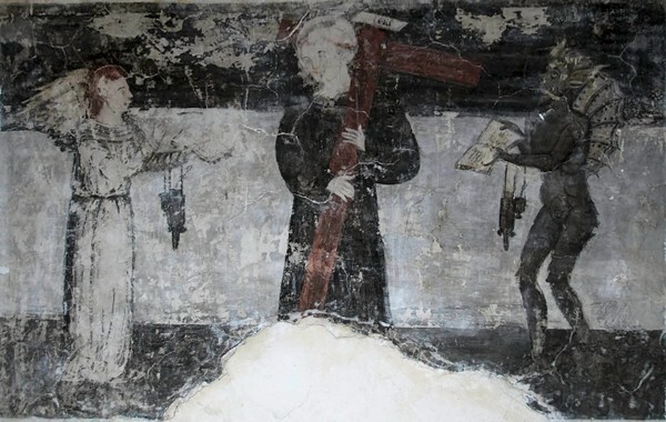 Anteportería mural, St. Augustine, angel & Devil porter - San Miguel Arcángel, cloister with murals