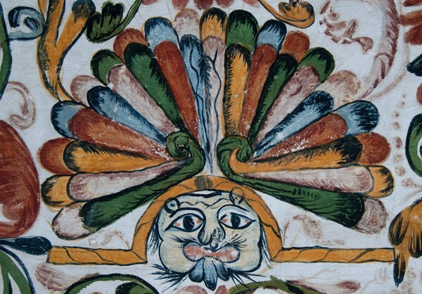 Sacristy arch, soffit mural, feathered head - La Merced, sacristy arch, pillar & murals