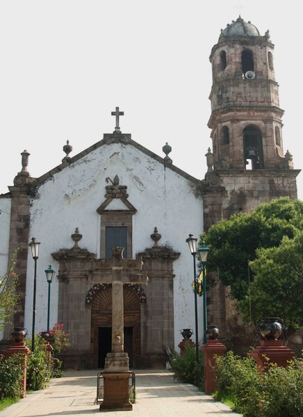 San Nicolás de Bari, façade, bell-tower & atrial cross - Santa Fe de la Laguna, Michoacán