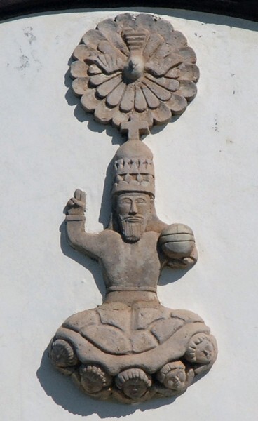 Santa María, façade gable relief, Salvador Mundi & Holy Ghost - Santa María del Oro, Nyarit