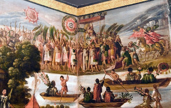 Moctezuma & retinue above Canal - La Conquista de México