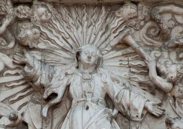Façade, central relief, Assumption of the Virgin, detail - Catedral de La Asunción