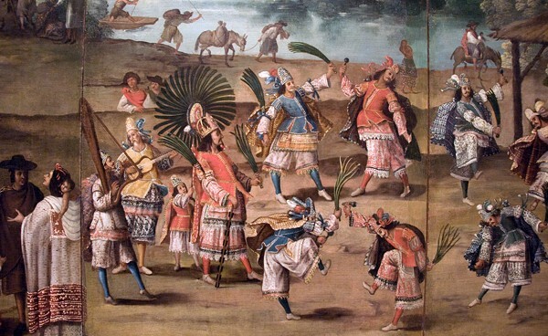 Los Angeles, CA, LACMA, Folding screen detail: Indian Wedding - 17th century Colonial Mexican artefacts outside of Mexico