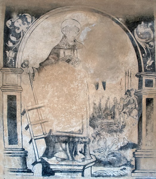 Upper cloister walk mural, St. Lawrence - San Juan Bautista