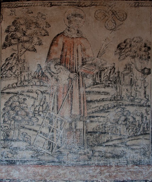 Upper cloister walk mural, St. Lawrence - San Francisco, façade, portería, cloister & murals