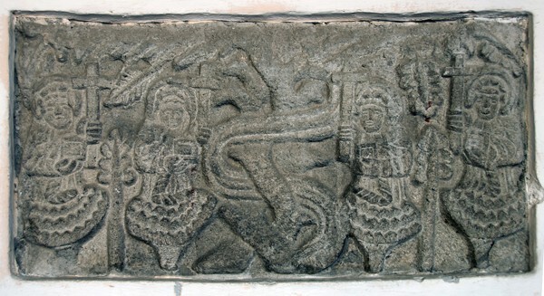 San Bernardino, lower cloister walk relief, Passion Angels - Xochimilco