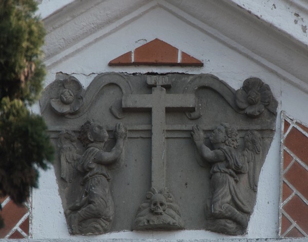 Façade, gable relief, Calvary Cross & Passion Angels - El Carmen