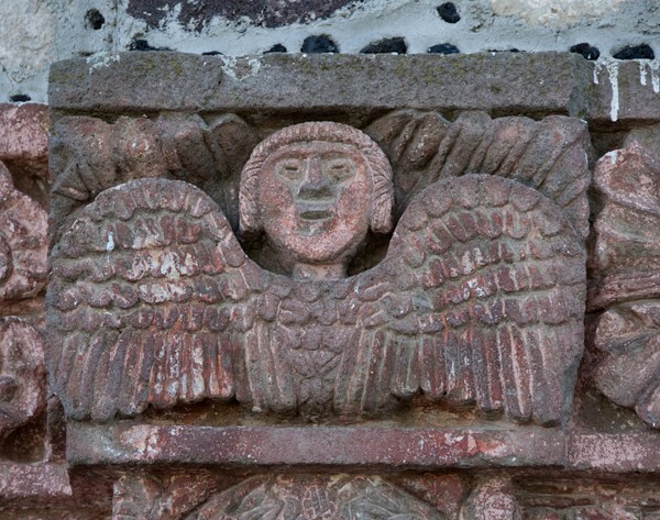 Santo Tomás, façade pilaster capital, seraph - Santo Tomás Tetliztaca, Hidalgo