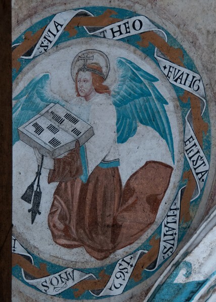 Webbing painting: Evangelist tetramorph, St. Matthew - Tecamachalco, Puebla, La Asunción de Nuestra Señora, sotocoro