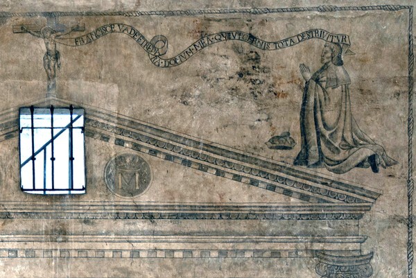 Convento portal, mural detail - La Asunción de Nuestra Señora (Catedral), façade, porciúncula door, capilla abierta, cloister