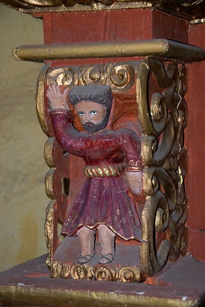 La Candelaria, high altar, pillar atlante - San Felipe de los Alzati, Michoacán