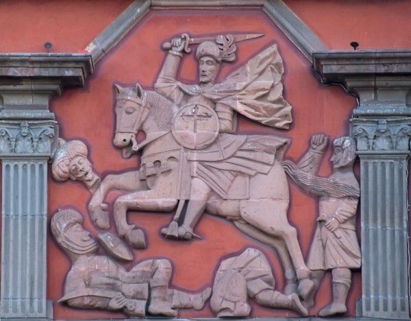 Upper façade relief, St. James the Moor Slayer - San Francisco