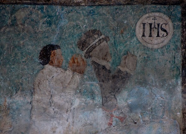 Santa María, S wall, Pagan shrine detail, Hidalgo leading Indian - Santa María, South nave wall murals