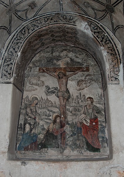 Upper cloister mural walk, Crucifixion - San Miguel Arcángel, convento & cloister & murals