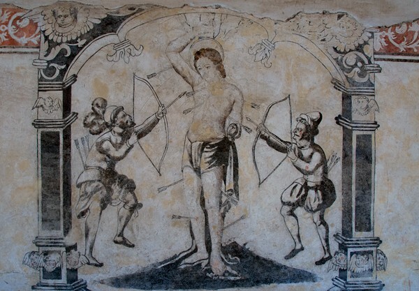 Upper cloister walk mural, St. Sebastian - San Juan Bautista