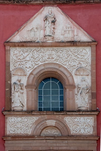 Façade, main portal entablature, choir loft window & pediment - La Guadalupe (formerly San Francisco)