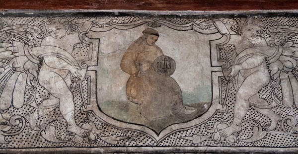 Friar with Christogram - San Juan Evangelista, lower cloister walk, frieze mural cartouches