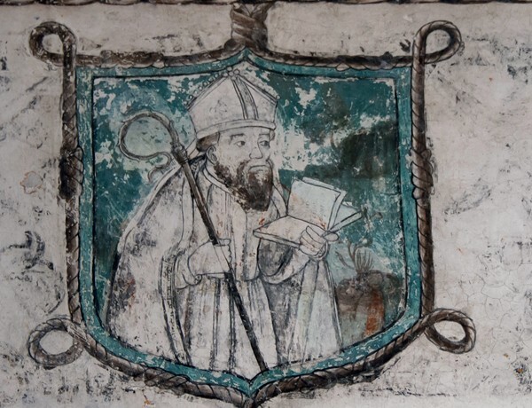 15_Huaquechula, Lower cloister walk, frieze cartouche - San Martín, nave, cloister & convento