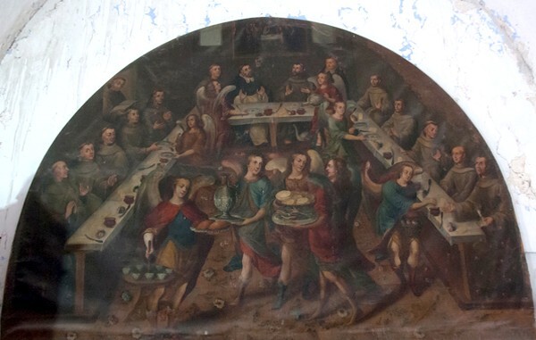 San Juan Bautista, refectory painting, Supper of SS Francis & Dominic - Coixtlahuaca, Oaxaca