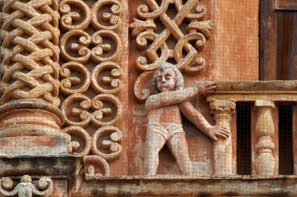Choir loft window, balcony cherub - Façade, lateral portal & sacristy door