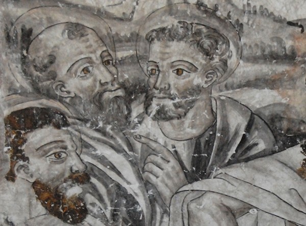 The Incredulity of Thomas, detail (three Apostles) - San Miguel Arcángel, sacristy murals