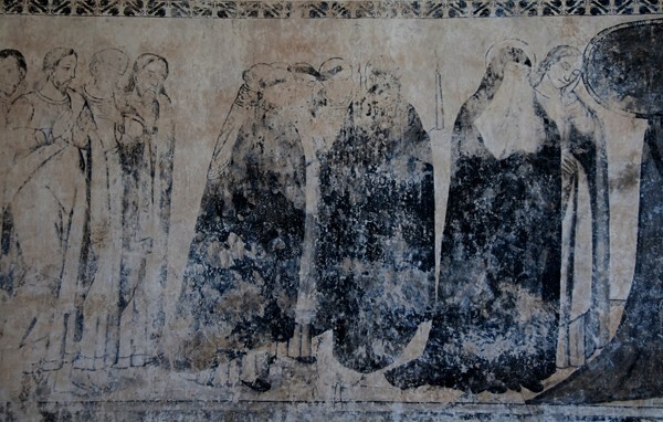 San Juan Bautista, vestibule, S wall fresco, Cortege of Christ, detail - San Juan Teitipac, Oaxaca