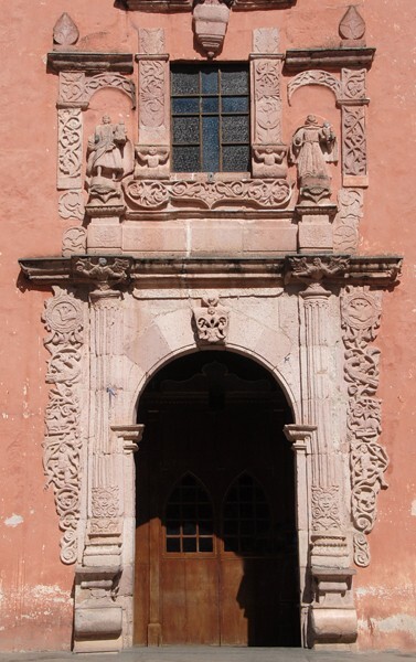 San Juan Bautista, façade portal & choir loft window - Victoria, Guanajuato