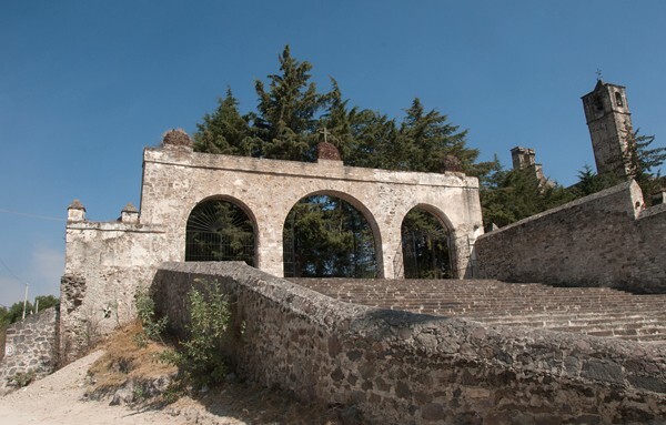 Atrial gate & walkway - San Juan Bautista, façade, portería, porciúcula door, cistern & atrial gate