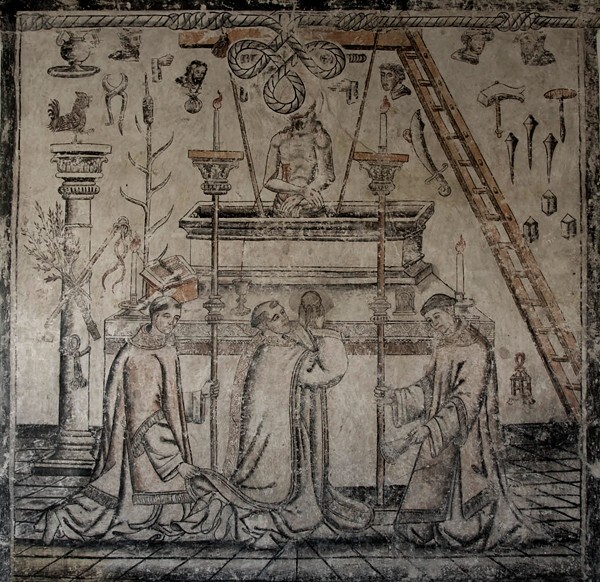 Upper cloister walk NE testera mural, Mass of St. Gregory - San Francisco, façade, portería, cloister & murals