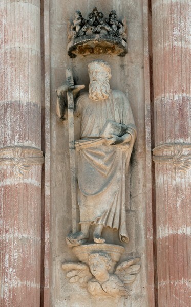 Façade portal, left intercolumniation statue, St. Paul - Façade, exterior buttressing, lateral portal, open & posa chapels, atrio & cross