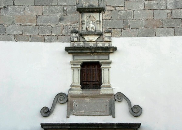 San Pedro, façade, choir loft window & reliefs - San Pedro Bocaneo, Michoacán