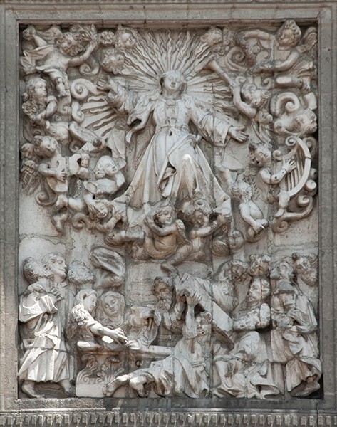 Façade, central relief, Assumption of the Virgin (Via Crucis, below) - Catedral de La Asunción
