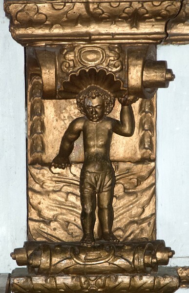 San Francisco, nave altar, pillar base atlante - Huamantla, Tlaxcala