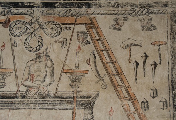 Upper cloister walk, NE testera mural, Mass of St. Gregory, detail - San Francisco, façade, portería, cloister & murals