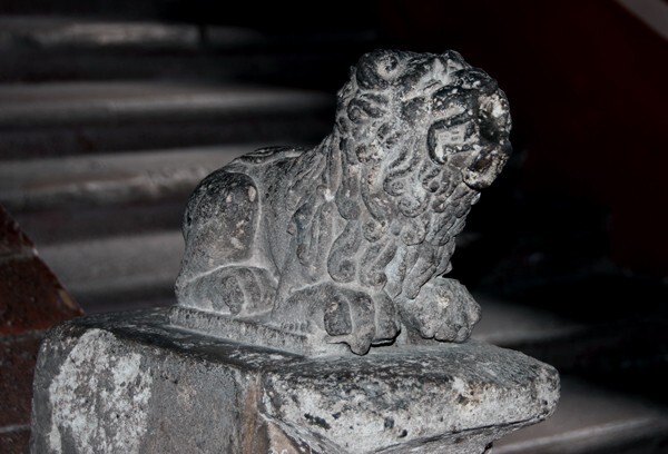 San Diego, cloister, stairwell lion - Churubusco