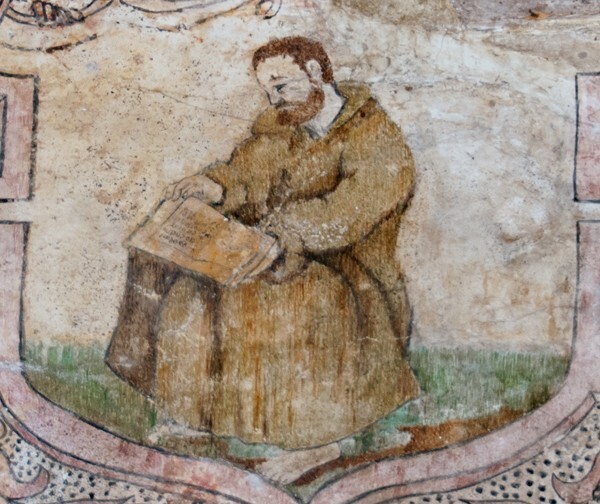 Friar with the Scriptures - San Juan Evangelista, lower cloister walk, frieze mural cartouches