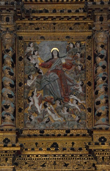 La Transfiguración, high altar, second tier central panel, Assumption - Façade, porterías, high altar & baptismal font