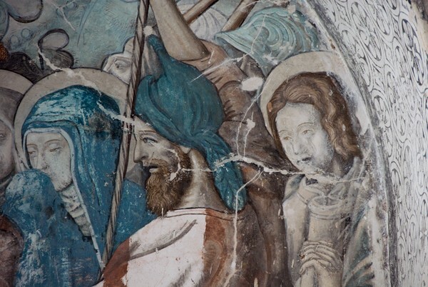 Lower cloister walk, NW testera mural, Via Crucis, detail - San Andrés, cloister with murals