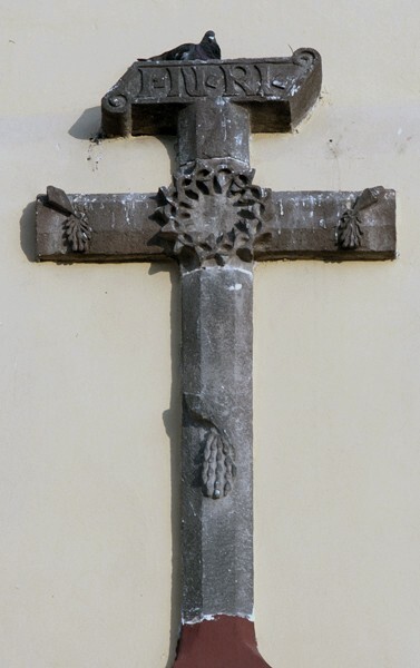 Choir loft window, pediment cross - San Juan Evangelista