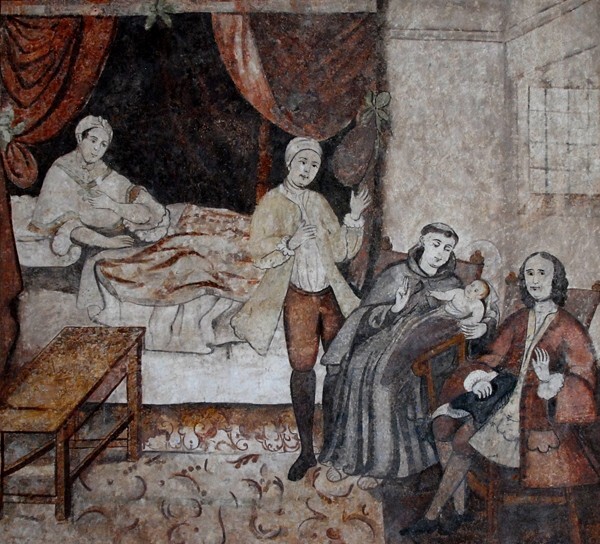 Truth from the lips of a small child to St. Anthony, closeup - Upper cloister walk murals