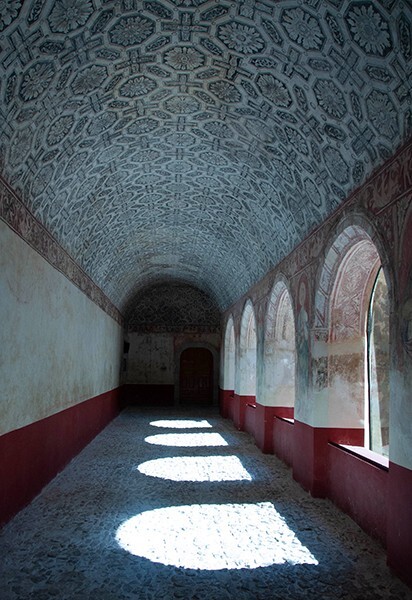 Lower cloister walk - San Juan Bautista, lower cloister walk, S & W arcades, pier murals