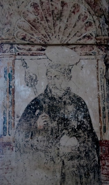 Cloister walk pillar mural, Dominican martyr - San Juan Bautista, nave, cloister & sala de profundis