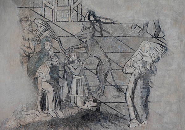 Separate mural (left) - San Juan Bautista, convento second story, friar's cell mural: Miracle of the Rosary mural