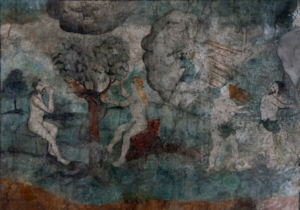 Santa María, presbytery wall mural, Tree of Knowledge & The Expulsion - Santa María, presbytery & choir loft murals