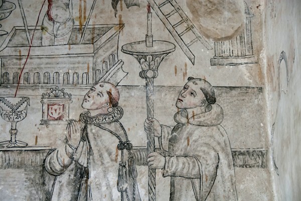 San Gabriel, upper cloister walk, Mass of St. Gregory, detail - San Gabriel, cloister with murals